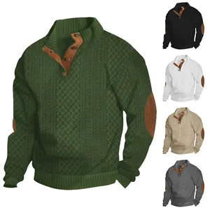 Detail view of men's heavy jacquard sweater with stand collar and elbow patches in multiple colors