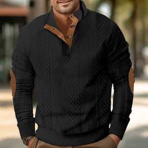 Close-up detail of men's slim fit black jacquard sweatshirt with button stand collar