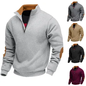 Felpa in Pile da Uomo con Mezza Cerniera Colletto in Piedi Toppe sui Gomiti Outdoor Casual Invernale Pullover Top Caldo Patchwork