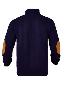 Back view of men's dark purple cable-knit sweater featuring contrast elbow patches.