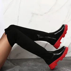 Cuissardes Femme Cuir PU Patchwork Tricoté Bottes Hautes Bout Rond Semelle Épaisse Fermeture Éclair Bottes Longues Décontractées Mode