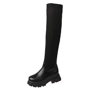 Bottes hautes noires à plateforme avec tige en tricot et bout rond pour femmes