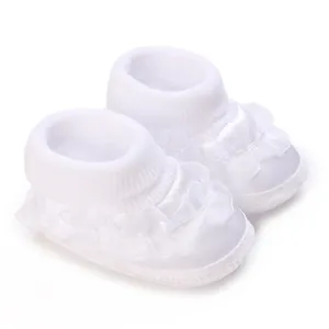 Detailed view of white baby christening shoes with ruffled lace and soft knit cuffs.