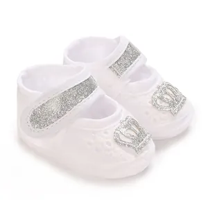 White baby christening shoes with sparkling silver crown and soft sole for 0-1 years old