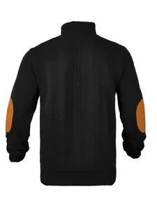 Detailed back view of heavy cable knit men's sweater featuring orange elbow patches