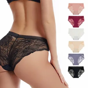 Women Sexy Seamless Ice Silk Panties Mid-Waist Lace Patchwork Breathable Hollow Out Cotton Crotch Invisible Briefs