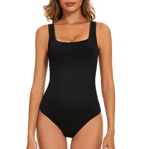 Detailed view of black seamless ribbed bodysuit featuring square neck and slim fit