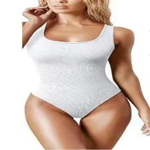 Detail showing the white seamless ribbed texture of this round neck sleeveless bodysuit.