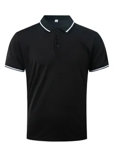 Classic black men's polo shirt with striped rib collar and button closure detail