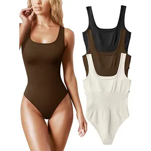 Women Seamless Ribbed Bodysuit Round Neck Sleeveless Tummy Control Shapewear Slim Fit Body Suit Women Casual Top