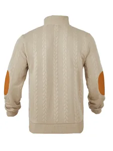 Back view of men's cable knit stand collar sweater in khaki with brown elbow patches