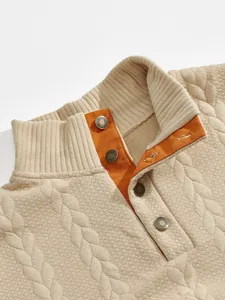 Close-up detail of heavy jacquard sweatshirt with stand collar and buttoned placket