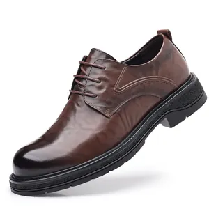 Chaussures en cuir marron pour hommes avec semelles épaisses antidérapantes