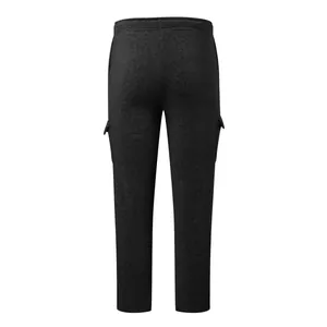 Rear view of men's thick fleece cargo sweatpants in dark gray charcoal texture.
