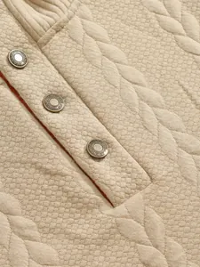 Macro view of heavy jacquard sweatshirt texture and metal button placket details