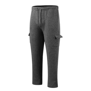 Detailansicht graue Fleece-Cargo-Jogginghose für Herren mit Kordelzug und Seitentaschen