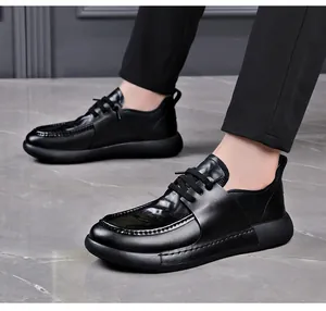 Detailed view of men's black business casual cowhide shoes with hand-grasped grain