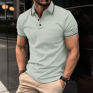 Close-up of men's ribbed collar sports polo shirt in sage green with black trim detail