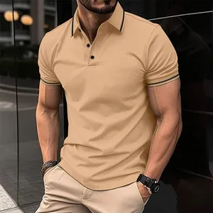 Detailed shot of tan men's ribbed polo shirt featuring black contrast collar tipping