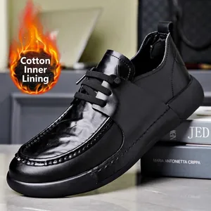 Men's premium black cowhide business casual shoes for winter with warm padded lining