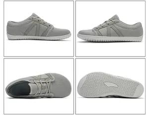 Viste multi-angolo dettagliate di scarpe casual a piedi nudi in rete grigia con suola morbida