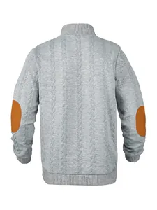 Back view of a grey men's sweatshirt featuring textured jacquard and brown elbow patches