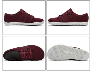 Vista da quattro angolazioni di scarpe a piedi nudi bordeaux in mesh traspirante e antiscivolo