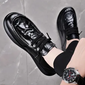 Stylish men's black genuine leather square toe casual shoes with soft soles and laces