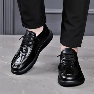 Men's black square toe genuine leather casual shoes with comfortable lace-up design