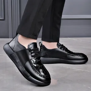 Men's black square toe casual leather shoes with comfortable soft sole and lace-up design