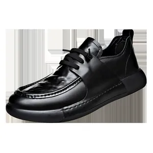 Men's square toe genuine leather casual lace-up shoes in black, trendy lightweight soft sole