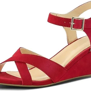 Elegant red suede wedge sandals with cross strap and adjustable ankle buckle strap.