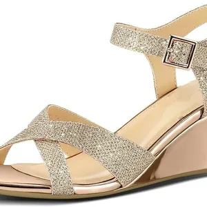 Elegant champagne gold glitter wedge sandals with ankle strap and mirror finish heel
