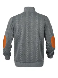 Rear view of a men's gray cable knit sweater featuring classic orange elbow patches detail.