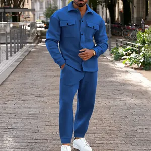 Men's blue suede-like two-piece suit with button-down jacket and matching jogger pants