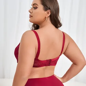 Vista posteriore dettagliata del reggiseno taglie forti in pizzo rosso ricamato