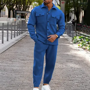 Detail shot of a premium men's blue suede jacket set in a stylish outdoor park setting