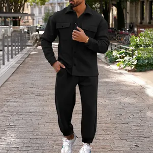 Men's stylish black suede two-piece set featuring a single-breasted jacket and joggers.
