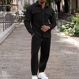 Black suede single-breasted slim jacket and pants two-piece set for men in street view