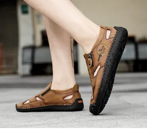 Men's brown genuine leather casual loafers with stylish hollow-out design and durable rubber sole