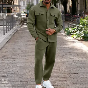 Full view of men's olive green suede two-piece tracksuit set for autumn outdoor wear