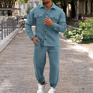 Men's teal suede two-piece set featuring a button-up jacket and matching joggers