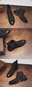 Vue sous plusieurs angles de bottines brogues noires pour hommes en cuir de style Martin.