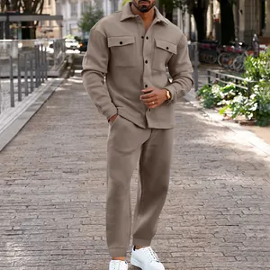 Men's premium khaki suede two-piece tracksuit with button-down jacket and slim pants