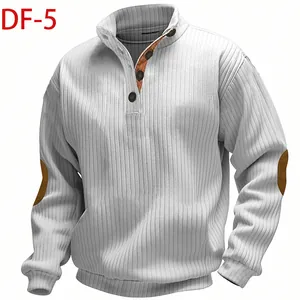 Detailed close-up of men's ribbed knit sweatshirt with stand collar and elbow patches