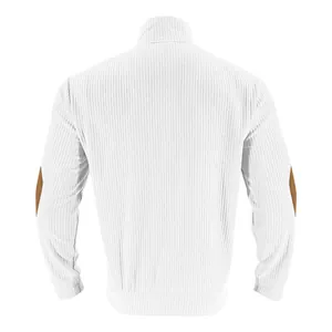 Detailed back view of white ribbed sweatshirt showing distinctive brown elbow patches