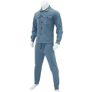 Men's blue suede two-piece set featuring button-up jacket and matching joggers