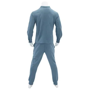 Professional back view of men's premium blue suede slim fit jacket and pants set