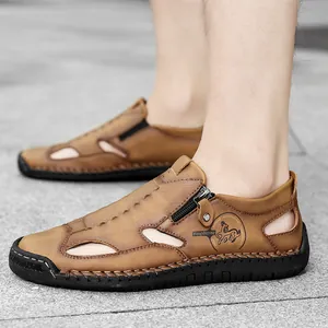 Men Casual Genuine Leather Moccasins Hollow Out Breathable Loafers British Style Slip On Cowhide Shoes With Side Zipper Rubber Sole