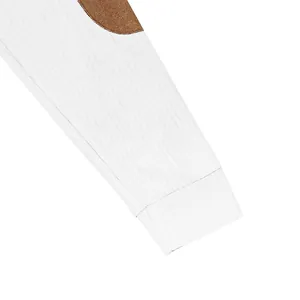Detailed close-up showing the white ribbed texture and brown elbow patch of a men's sweatshirt
